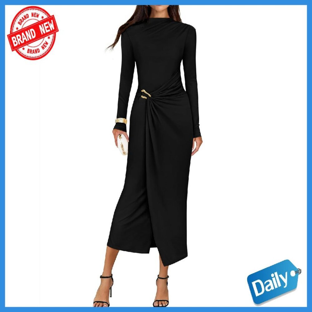 Long Sleeve Bodycon Midi Dress Mock Neck Wedding Guest Cocktail